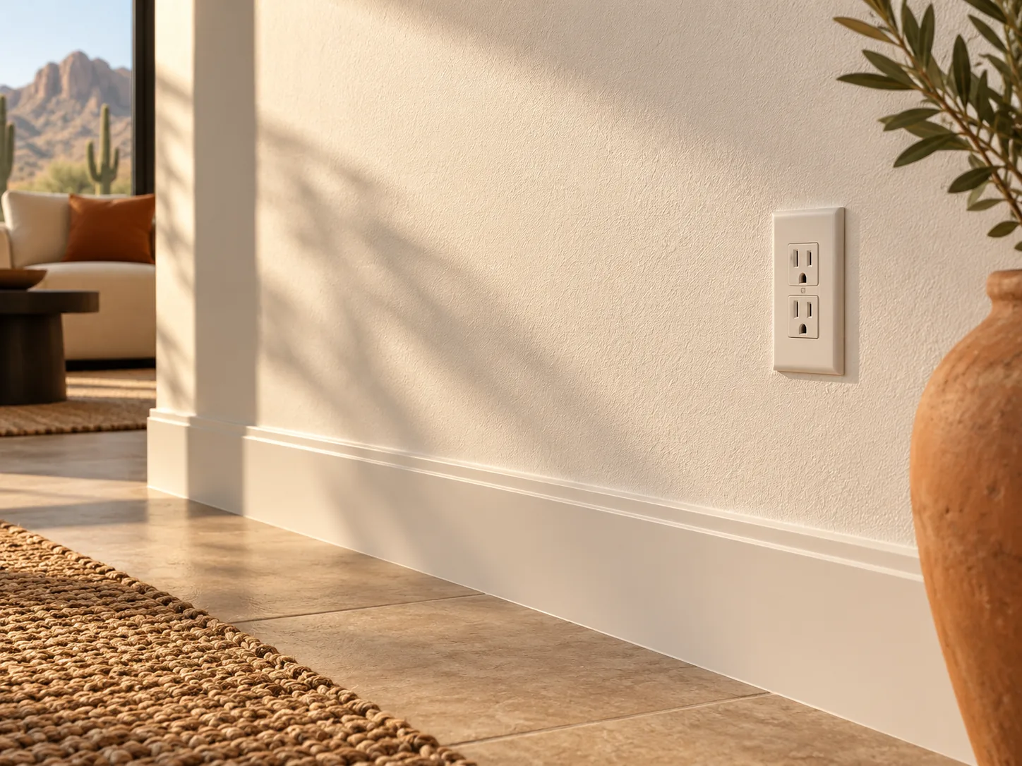 Finished interior wall with electrical outlet